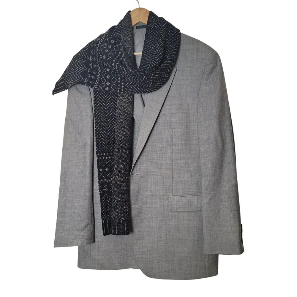Mens Black & Gray Knit Wool Scarf With Chevron & Geometric Patterns 63